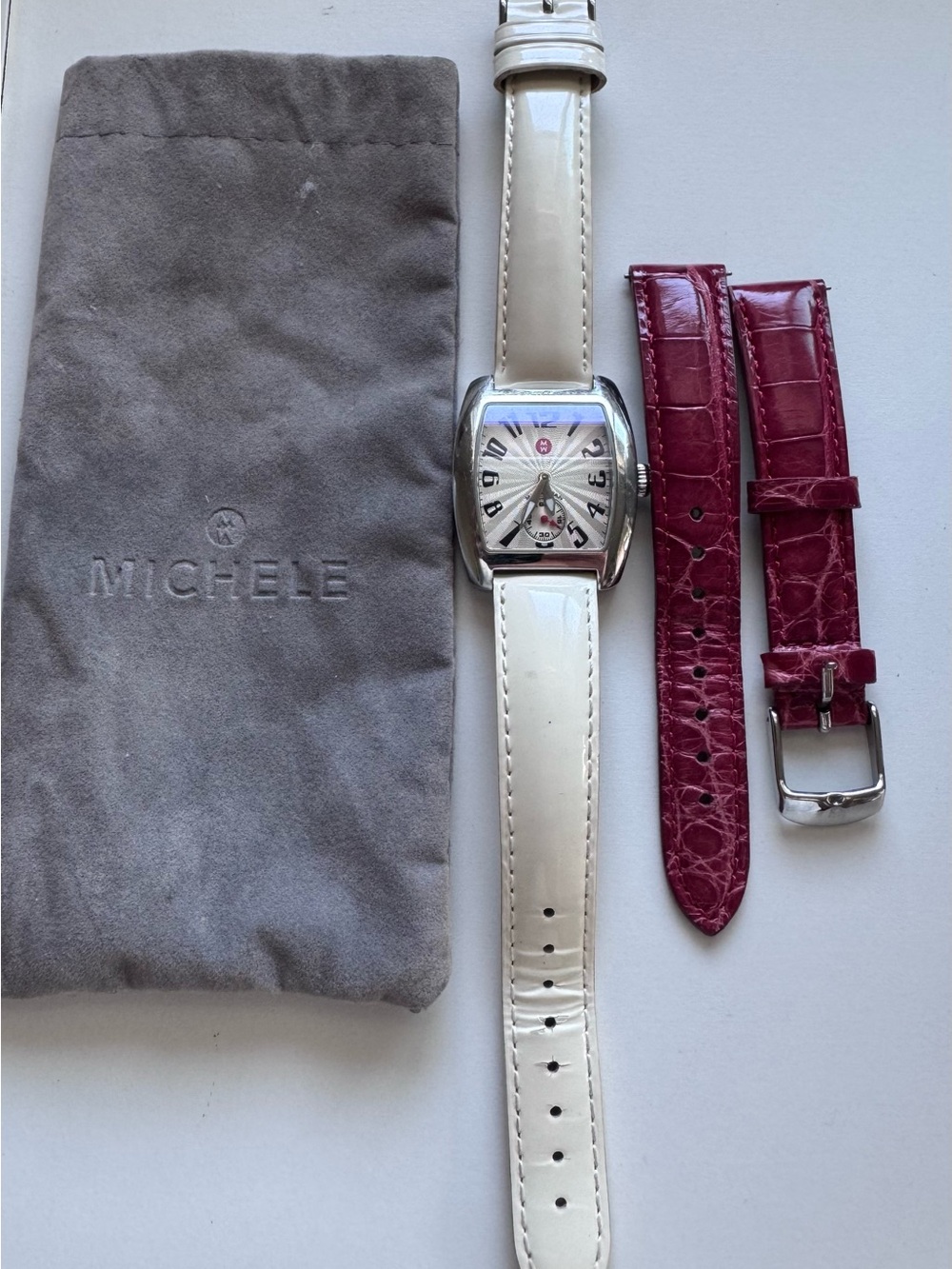 Michele White Patent Leather Watch and Red Croc Strap